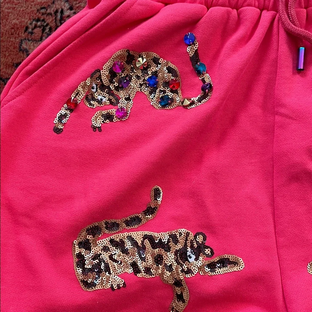 QUEEN OF SPARKLES sequin leopard shorts red size Medium - Picture 3 of 9